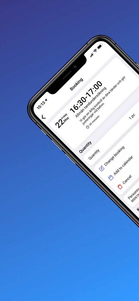 BookMore - A smartphone screen displaying a dental appointment booking with options to edit or add to calendar in the BookMore app.