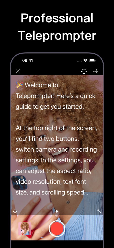 Teleprompter: Video Recording - Interfaz de aplicación teleprompter profesional que muestra un guion desplazándose sobre una grabación de vídeo en vivo de un creador de contenido