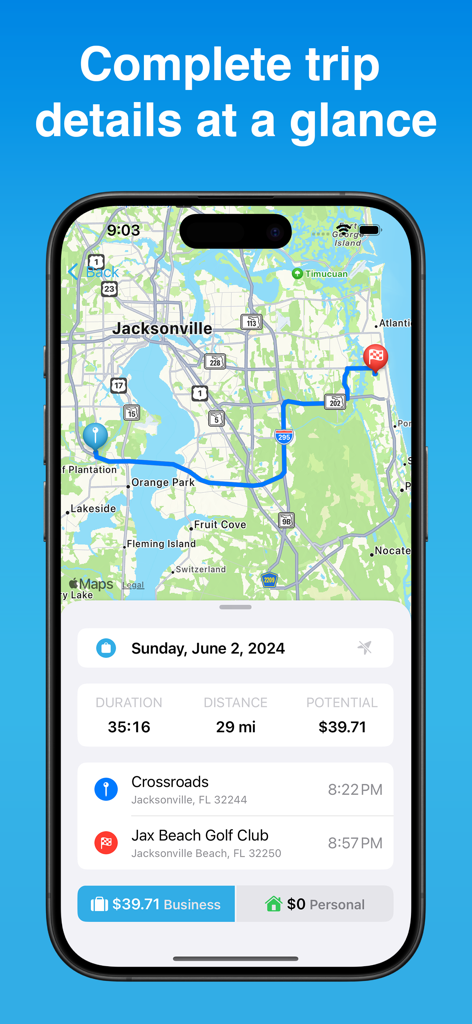 Interfaccia dell'app DriveLog che mostra un riepilogo dettagliato di un viaggio di lavoro con un percorso su mappa e potenziali risparmi fiscali