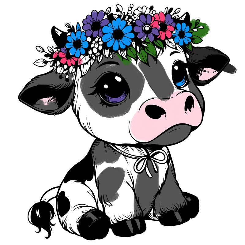 realistic adorable cow with flower crown