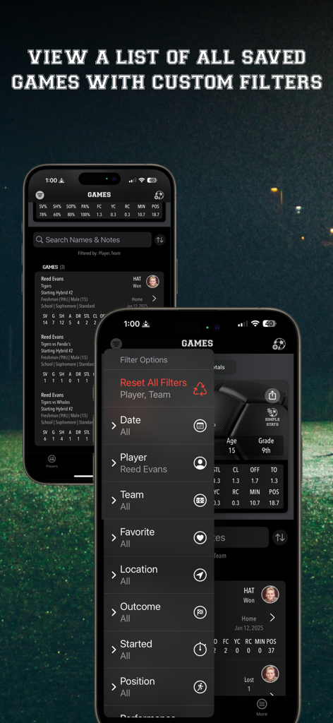 두 개의 휴대폰 화면에 저장된 축구 게임 목록과 앱의 사용자 지정 필터 옵션 메뉴가 표시됩니다.
