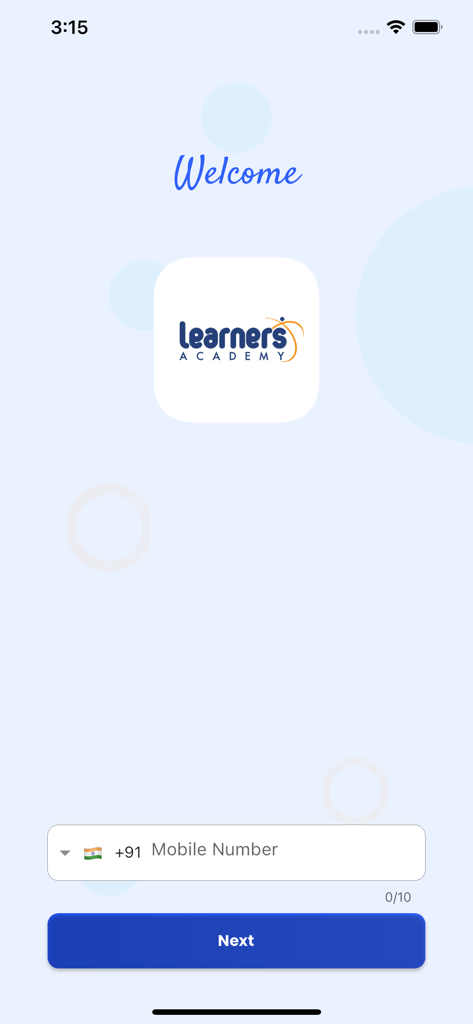 Learners Academy - Welcome and mobile number login screen for the Learners Academy education app