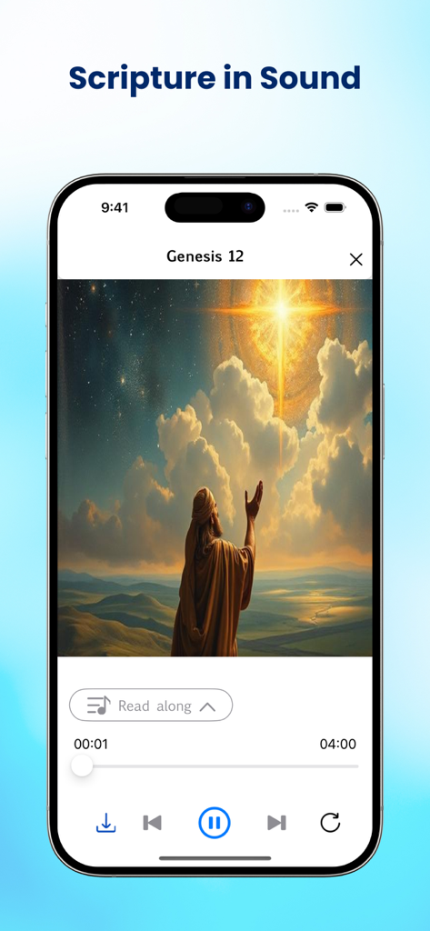 John Gill's Bible Commentary. - Audio player interface for Genesis 12 in the John Gill Bible Commentary app showcasing the Scripture in Sound feature