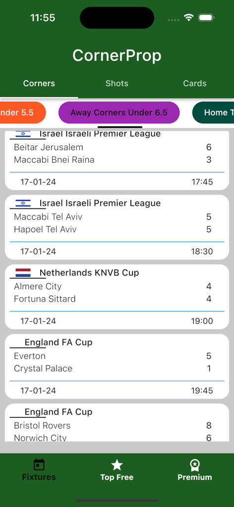 CornerProp- Team Corners Tips - CornerProp app interface showing football match corner statistics and betting tips