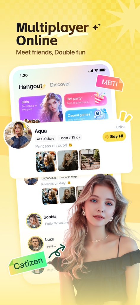 Wefun - Chat, Party and Game - Wefun app interface displaying user profiles and categories for multiplayer online social hangout