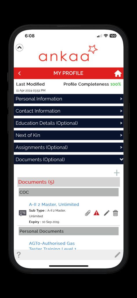 ankaa - Ankaa app profile dashboard for maritime professionals showing certificate uploads and document status