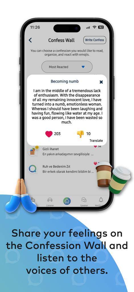 Aloha Live - Anonymous Chat - Oberfläche der Aloha Live App mit einer anonymen Beichte auf der Beichtwand
