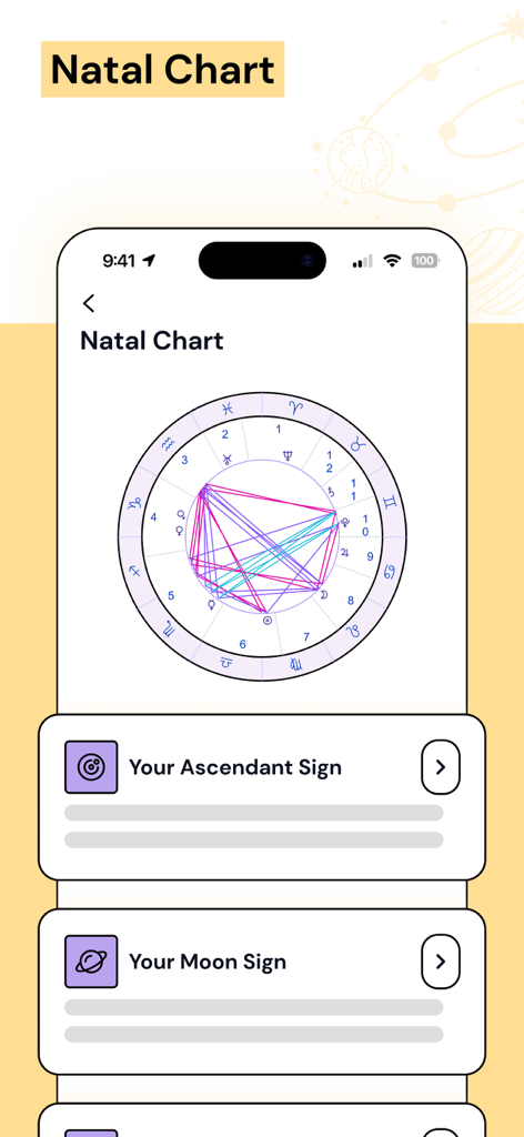 Moyra: Astrology Guide for You - Moyra app interface displaying a detailed natal birth chart with sections for ascendant and moon signs