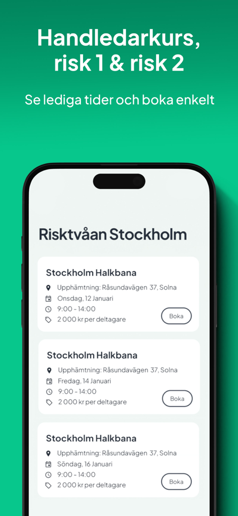 Interfaz para reservar cursos obligatorios de conducción suecos como Riesgo 2 en Estocolmo a través de la app Trafiko