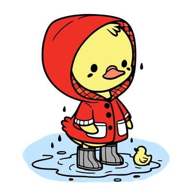 baby duck in a rain coat and boots, in a puddle while it’s raining