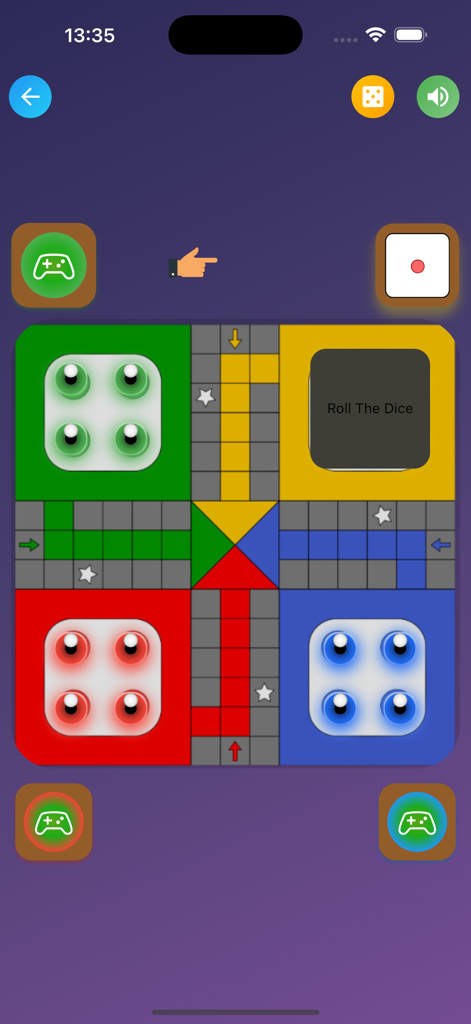 Ludo Offline Board Game - Interfaz clásica del juego de mesa Ludo con cuadrantes coloridos y dados