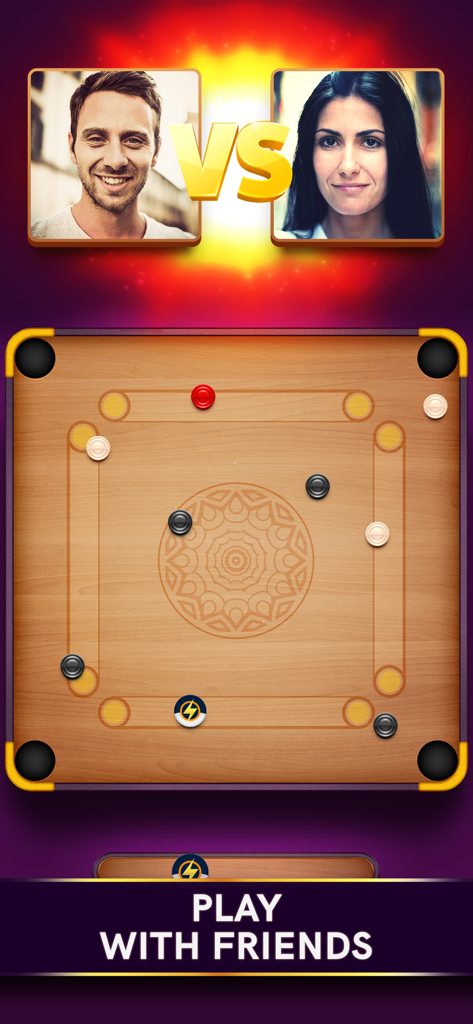 Tela de jogo de tabuleiro de carrom digital mostrando dois jogadores em uma partida versus com o texto Jogue com Amigos.