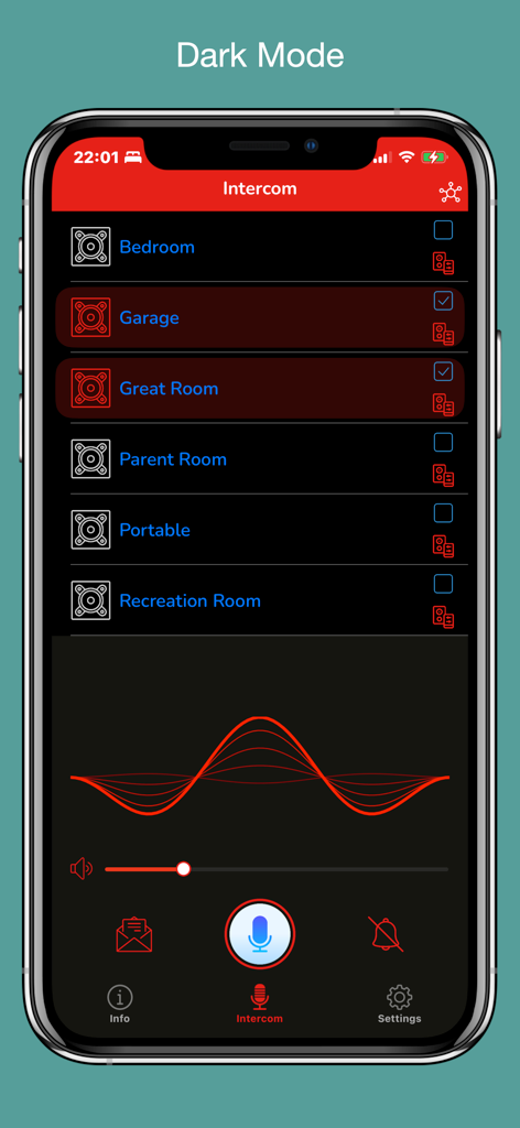 SonosTalk intercom interface in dark mode showing speaker selection for different rooms and a voice broadcast microphone