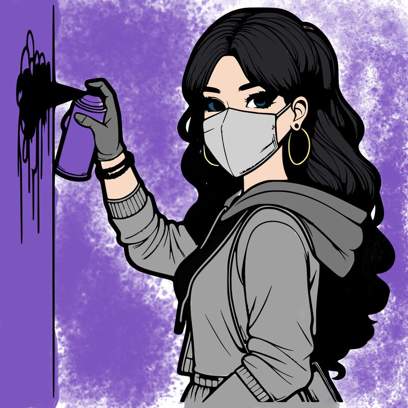 realistic girl with mask spray painting a wall