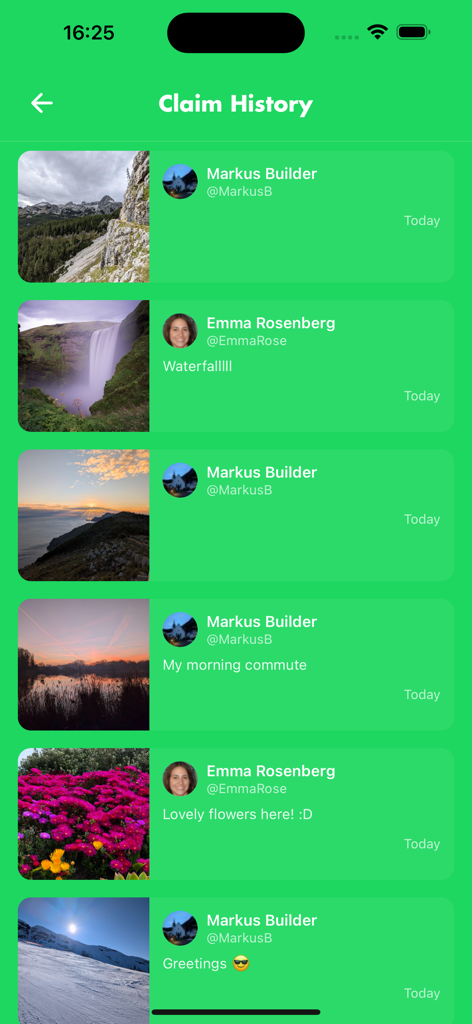 A screen showing the claim history in the WallClaimer app with a list of shared photos and captions from friends.