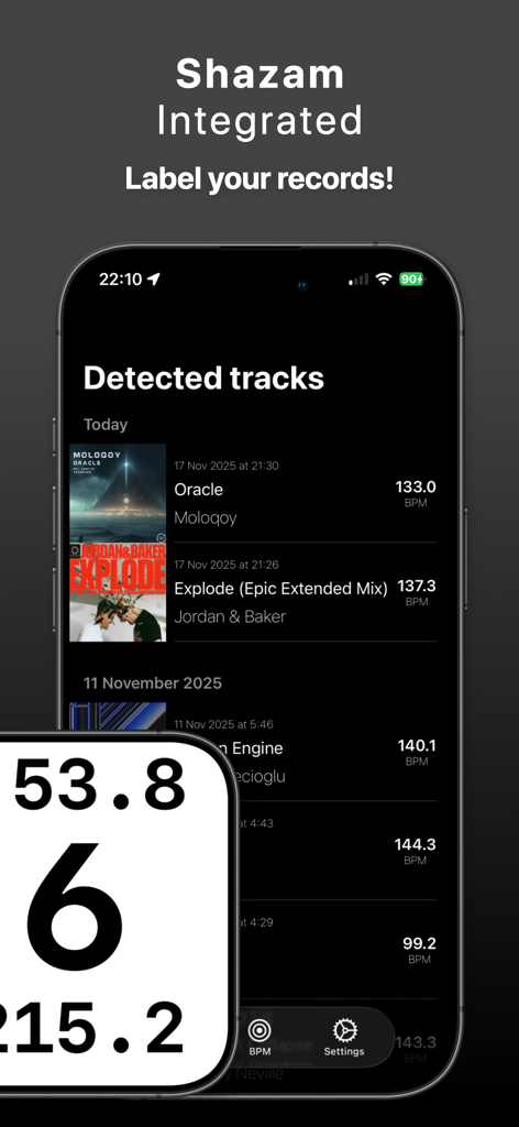 BPM Detector : Live Tempo - Pantalla de historial del Detector de BPM mostrando pistas detectadas y valores de tempo con integración de Shazam