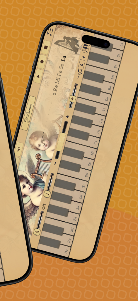 Harp Sim - Harp Sim mobile app interface featuring a musical keyboard with classical angel illustrations and recording controls.
