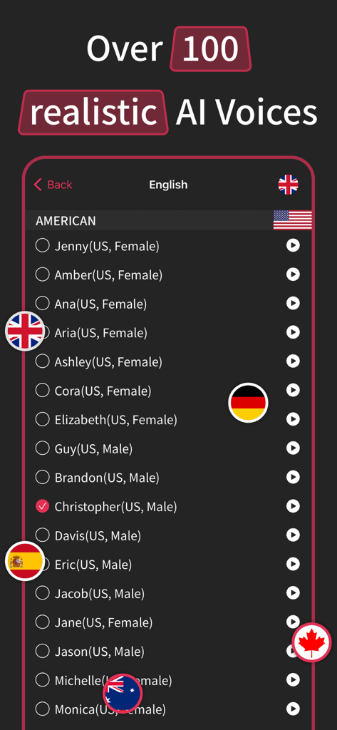 AI Voice Generator Video Maker - アプリインターフェースのリアルなAIボイスのリスト。ChristopherやJennyなど、さまざまなアメリカ英語のボイスオプションが特徴です。