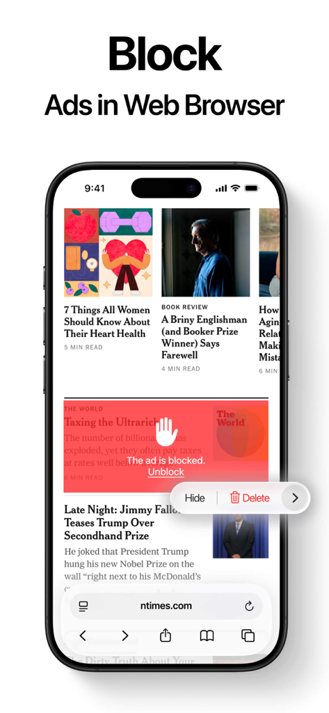 Ad Blocker for Browser . - A screenshot of a mobile phone showing an ad blocker active on a news website with a notification stating that the ad is blocked.