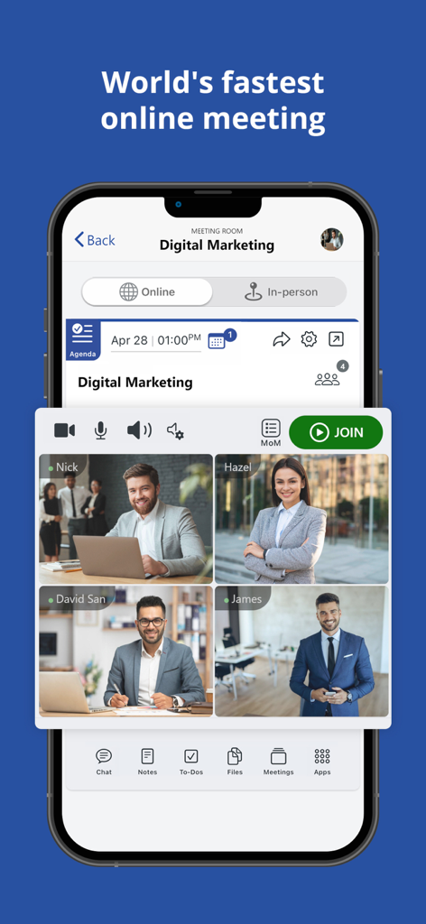 Qik Office - Qik Office app interface showing an online video meeting with four professional participants