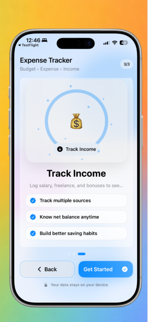 Budget Planner Buddy :Bilancio - Tela de integração do aplicativo Bilancio mostrando o recurso de rastreamento de renda com foco na privacidade dos dados.