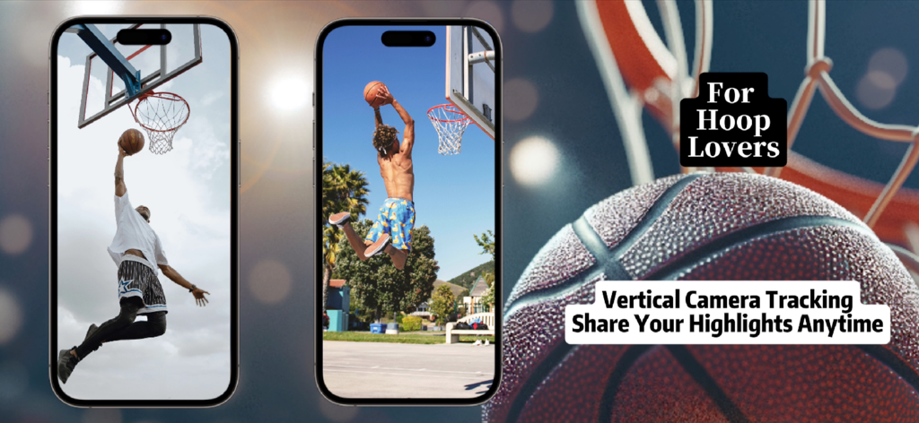HighlightX - Screenshots of HighlightX app showing vertical camera tracking for basketball highlights