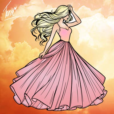 realistic woman with dress flowing in the wind