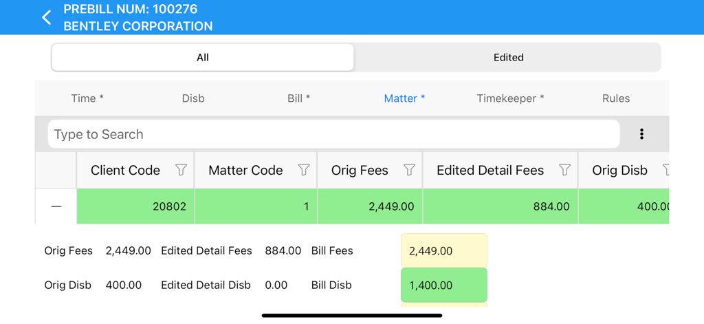 PrebillViewer - PrebillViewer app screen showing legal billing matter details and fee adjustments.