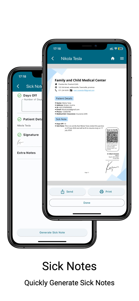 Scripts Assistant - Mobile screen of the Scripts Assistant app displaying a generated digital medical sick note with a patient name and verification QR code.