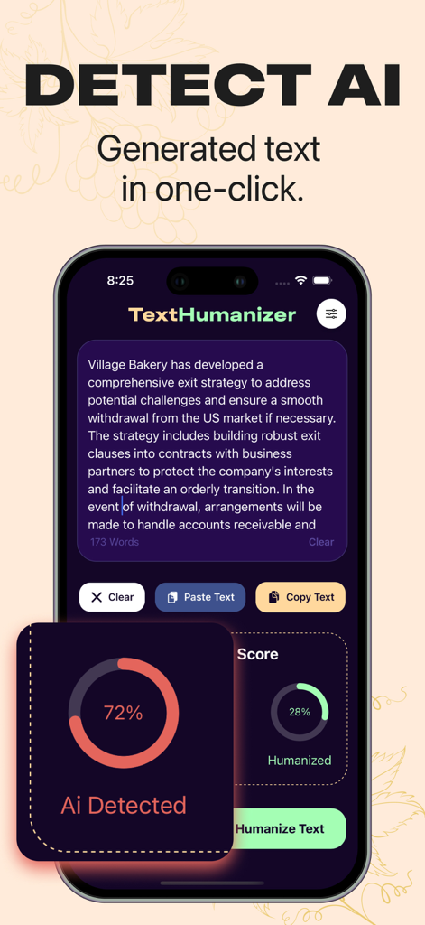 Bypassgpt TextHumanizer - TextHumanizer mobile app showing AI detection score and humanize text feature