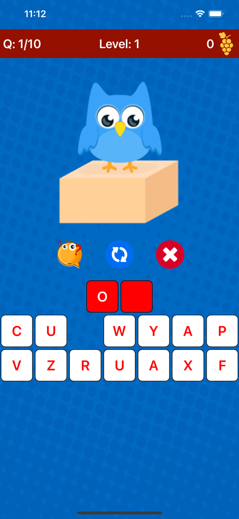 Interfaz interactiva de juego de ortografía holandesa para niños con un búho azul en una caja y fichas de selección de letras