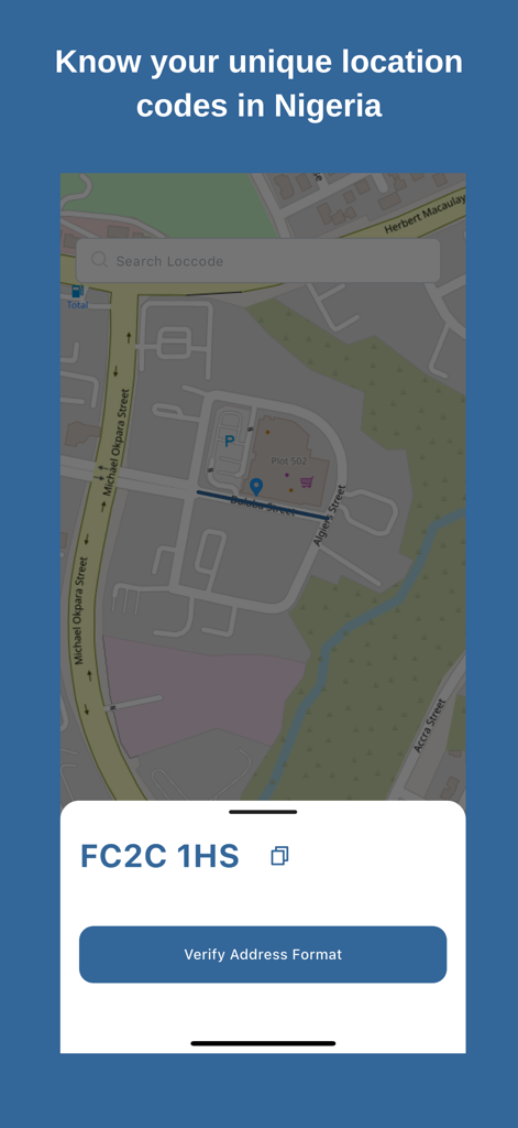 Maiaddy: Get Your Loccode - Maiaddy app map view displaying a unique loccode and address verification button
