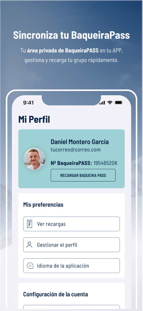 Baqueira Beret App Profilseite zur Verwaltung von BaqueiraPASS und Benutzerkontodetails