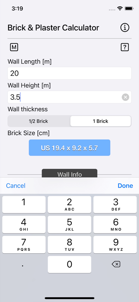 Brick and Plaster Calculator - Interface of Brick and Plaster Calculator app showing input fields for wall length and height