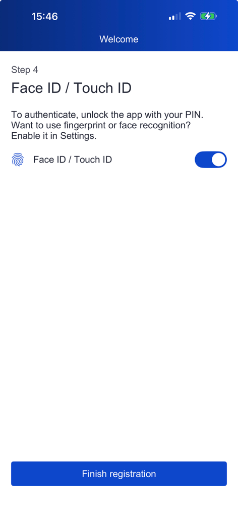 Schermata di configurazione dell'app EU Login per l'autenticazione biometrica Face ID e Touch ID