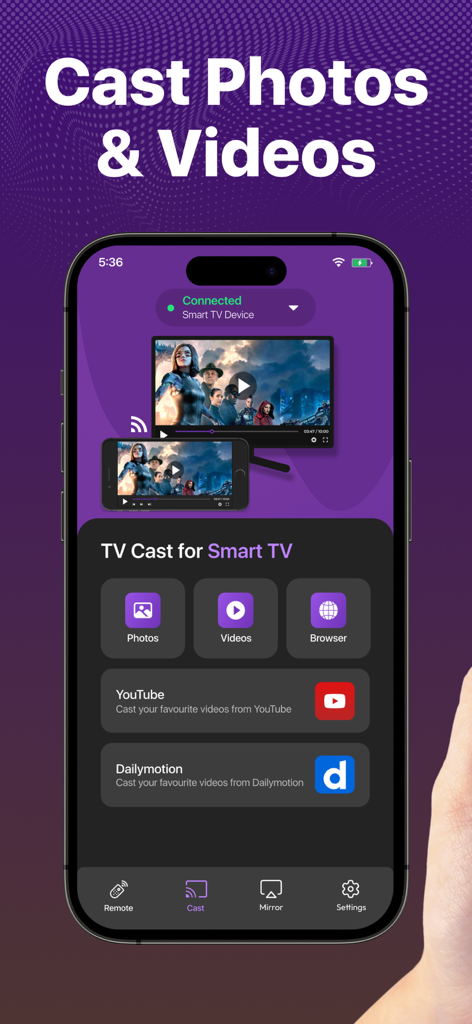 TV Remote, Universal Control - Interface de smartphone de l'application TV Remote affichant des options pour projeter des photos et des vidéos sur une Smart TV
