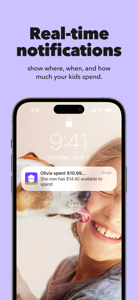 Acorns Early: Kids Money App - Smartphone displaying a real-time spending notification from the Acorns Early app on the lock screen.