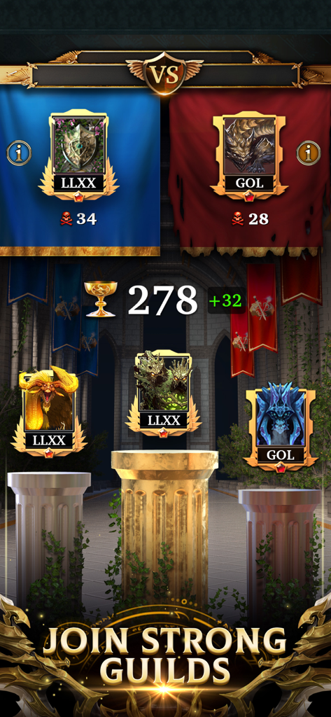 Legendary: Game of Heroes - A competitive guild war screen in Legendary Game of Heroes showing leaderboard scores and trophies
