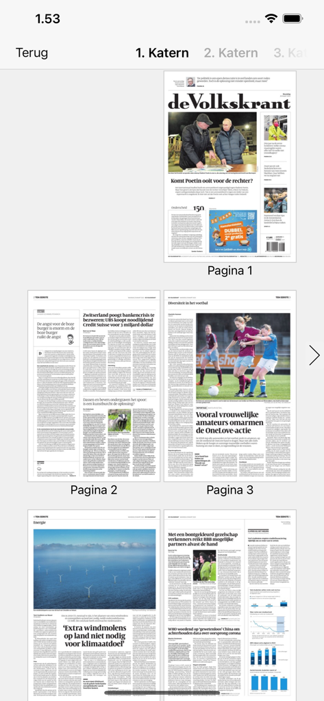 Réplique numérique des pages du journal de Volkskrant dans l'interface de l'application.
