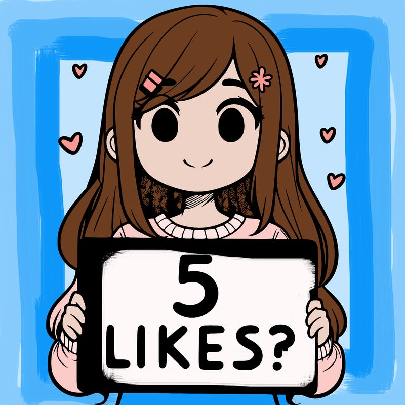 girl holding a sign that says 5 likes?