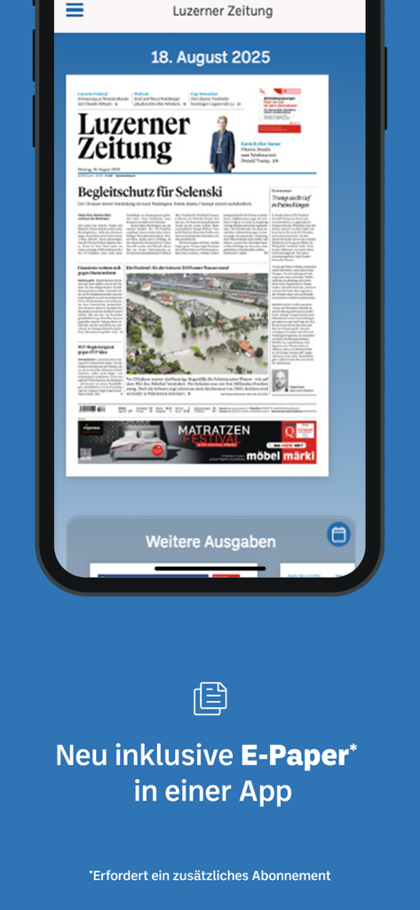 Luzerner Zeitung - Smartphone-Bildschirm mit der digitalen Zeitungs-Ausgabe der Luzerner Zeitung.