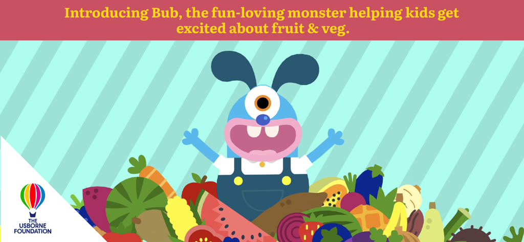 Teach Your Monster Eating - Bub the blue monster character surrounded by a variety of colorful fruits and vegetables