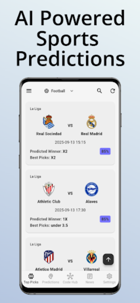 Predwit - Predwit app screen showing AI powered football match predictions and statistics