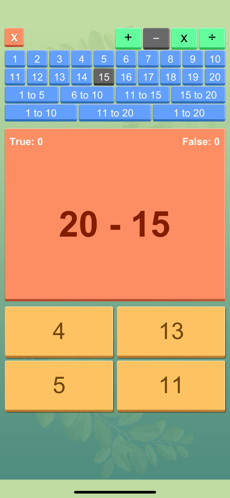 Math Tables with Quiz - A subtraction quiz screen in the Math Tables app showing the problem 20 minus 15 with multiple choice answers.