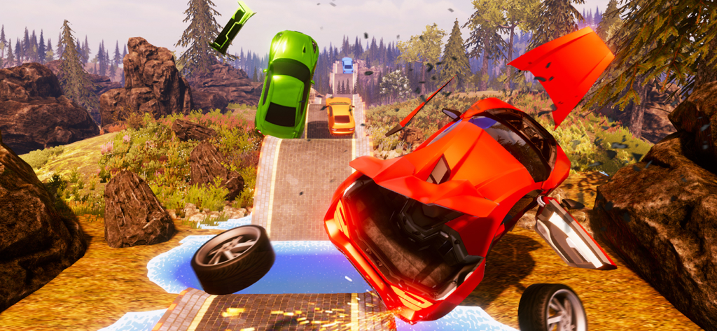Car Crash Simulator Mega Jump - A high impact car crash scene with parts flying off an orange sports car on a mountain bridge ramp
