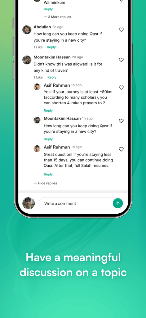 A screenshot of the Hikmah social network app showing users having a respectful and meaningful discussion on religious topics in a comment section.