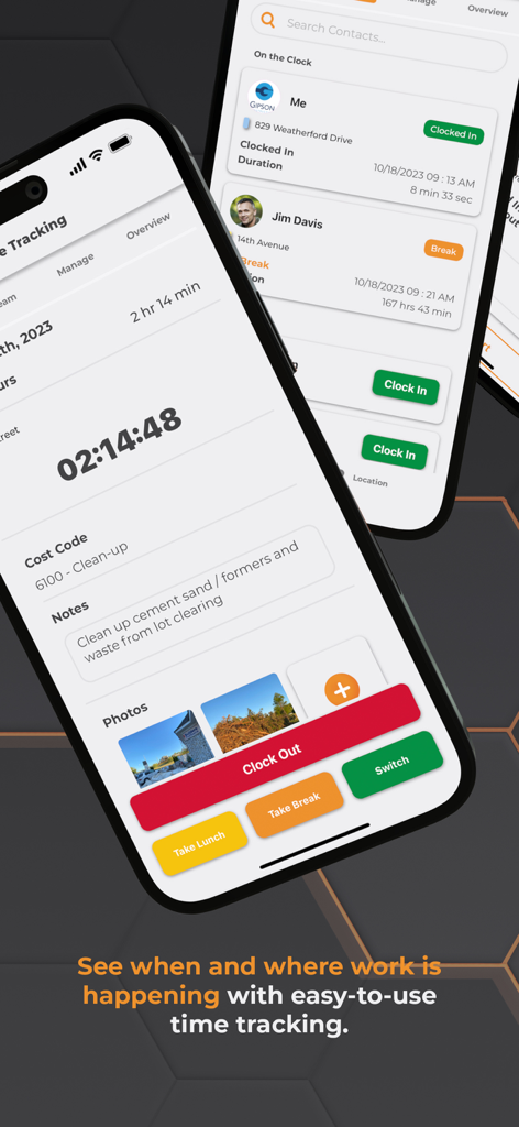ConstructionOnline - Mobile app interface of ConstructionOnline showing the time tracking feature with clock in and clock out options