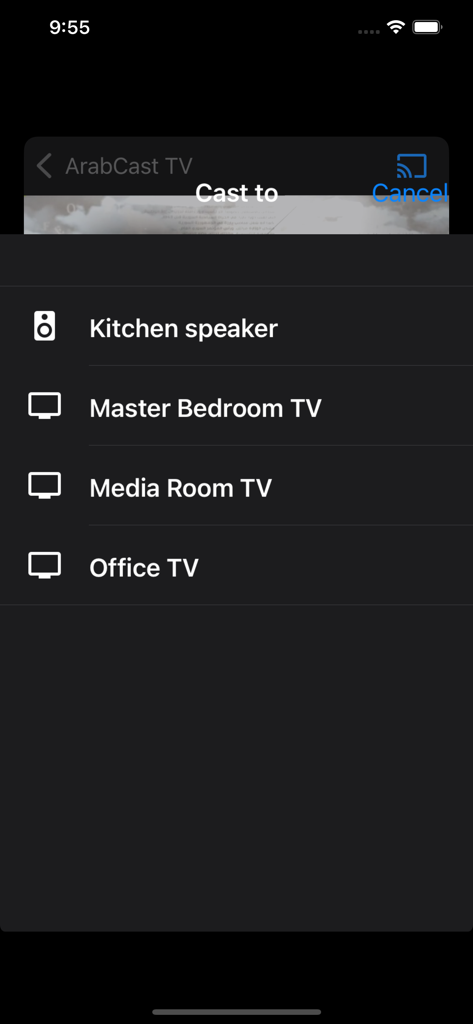 ArabCast - A screenshot of the ArabCast app showing the menu to select a device for casting live TV such as a bedroom or media room television