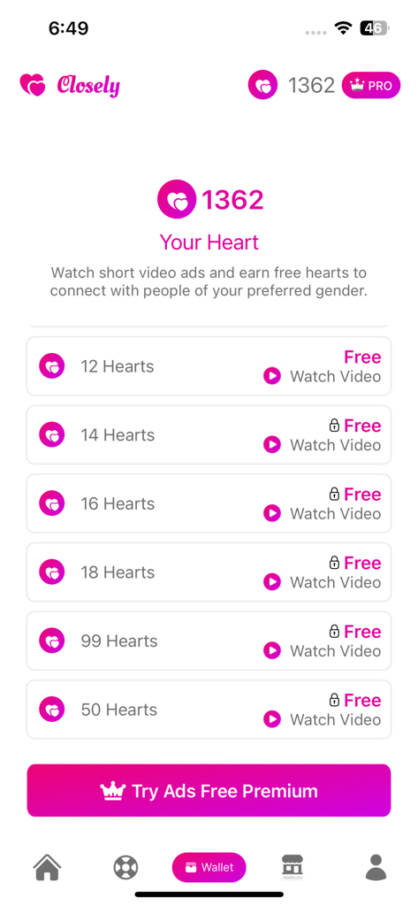 Closely - Live Video Chat - Closely live video chat wallet screen displaying heart credits and premium options
