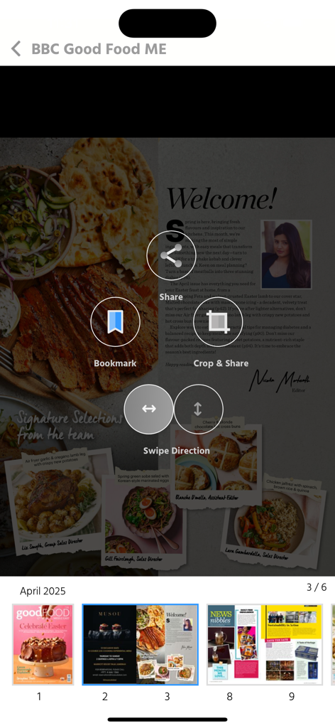 Interface de magazine numérique de l'application BBC Good Food Middle East avec des icônes interactives pour partager et mettre des recettes en favoris.